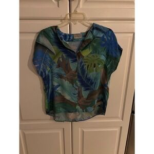Via Appia Tropical Leaf‎ Print V Neck Short Sleeve Blouse Women's Top